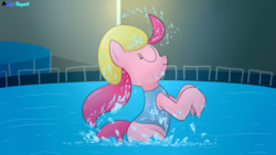 Size: 2560x1440 | Tagged: safe, artist:rupert, pinkie pie, earth pony, pony, series:30 dayz of pinks, g4, clothes, eyes closed, female, mare, missing cutie mark, one-piece swimsuit, smiling, solo, swimming pool, swimsuit, water