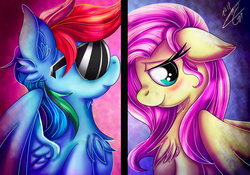 Size: 1024x716 | Tagged: safe, artist:ebonyinkstone, fluttershy, rainbow dash, pegasus, pony, g4, blushing, color porn, female, floppy ears, mare, smiling, sunglasses