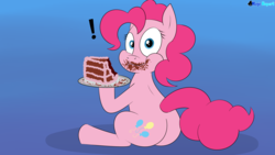 Size: 2560x1440 | Tagged: safe, artist:rupert, pinkie pie, earth pony, pony, series:30 dayz of pinks, g4, cake, exclamation point, female, food, gradient background, messy eating, plate, sitting, solo