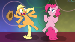 Size: 2560x1440 | Tagged: safe, artist:rupert, applejack, pinkie pie, earth pony, pony, series:30 dayz of pinks, g4, abstract background, female, flailing, mare, misleading thumbnail, pinkie being pinkie, pinkie physics, smiling, tail stand