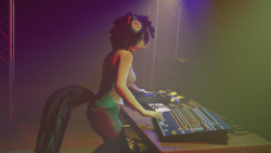 Size: 1920x1080 | Tagged: safe, artist:stellarator, part of a set, dj pon-3, vinyl scratch, unicorn, anthro, unguligrade anthro, g4, 3d, blender, cargo shorts, clothes, concert, cycles render, female, light show, music, not sfm, performance, photos, record player, records, solo, speaker, tank top, turntable