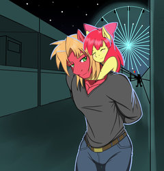 Size: 1024x1067 | Tagged: safe, artist:nwinter3, apple bloom, big macintosh, earth pony, anthro, g4, anime hair, bow, brother and sister, clothes, eyes closed, female, ferris wheel, filly, hair bow, male, night, pants, piggyback ride, shirt, smiling, stallion