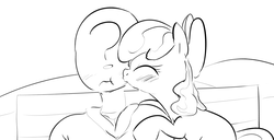 Size: 1157x591 | Tagged: safe, artist:dotkwa, apple bloom, oc, oc:anon, earth pony, human, pony, g4, cheek kiss, duo, female, filly, grayscale, kissing, monochrome