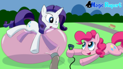 Size: 2560x1440 | Tagged: safe, artist:rupert, pinkie pie, rarity, series:30 dayz of pinks, g4, balloon, balloon riding, blowing up balloons, inflation, park, pump, that pony sure does love balloons