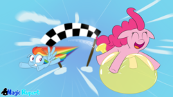 Size: 2560x1440 | Tagged: safe, artist:rupert, pinkie pie, rainbow dash, series:30 dayz of pinks, g4, balloon, balloon riding, deflation, floppy ears, flying, funny, midair, motion blur, racing, riding, shocked, that pony sure does love balloons
