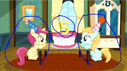 Size: 1606x904 | Tagged: safe, edit, edited screencap, screencap, rose petal, rosy gold, earth pony, pony, unicorn, g4, pinkie pride, background pony, birthday cake, cake, candle, circled, duo, female, filly, foal, food, the super duper party pony