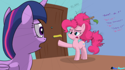 Size: 2560x1440 | Tagged: safe, artist:rupert, pinkie pie, twilight sparkle, alicorn, pony, series:30 dayz of pinks, g4, aftermath, door, hurricane, indoors, ruffled hair, story included, twilight sparkle (alicorn), unamused