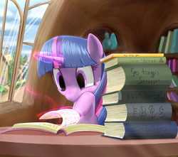 Size: 1307x1153 | Tagged: dead source, safe, artist:stratodraw, twilight sparkle, pony, unicorn, g4, book, bookhorse, commission, crepuscular rays, female, golden oaks library, magic, mare, ponyville, scenery, solo, telekinesis, that pony sure does love books