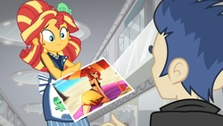 Size: 1536x864 | Tagged: safe, artist:lumineko, edit, edited screencap, editor:whatthehell!?, screencap, flash sentry, sunset shimmer, fish, eqg summertime shorts, equestria girls, g4, good vibes, apron, ass, beach, bunset shimmer, butt, clothes, duo, female, food, happi, humanized, japanese, male, photo, ship:flashimmer, shipping, smiling, standing, straight, sunset sushi, sushi, swimsuit, uniform