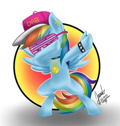 Size: 800x839 | Tagged: safe, artist:janadashie, rainbow dash, pegasus, pony, g4, bipedal, cap, dab, eyes closed, female, glasses, hat, mare, shutter shades, signature, solo, sunglasses