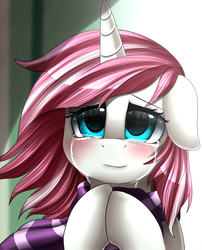 Size: 1424x1764 | Tagged: safe, artist:pridark, oc, oc only, oc:aether wake, pony, unicorn, commission, crying, female, hooves together, mare, solo, tears of joy