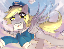 Size: 2002x1534 | Tagged: safe, artist:fensu-san, derpy hooves, pegasus, pony, g4, cap, clothes, cute, derpabetes, eyebrows, eyebrows visible through hair, feather, female, flying, hat, letter, looking at you, mailmare, mare, mouth hold, outdoors, sky, solo, spread wings, uniform, wings