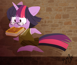 Size: 6790x5718 | Tagged: dead source, safe, artist:shellielle, twilight sparkle, unicorn, anthro, g4, absurd resolution, adorkable, alternate hairstyle, alternate universe, clothes, cute, dork, female, glasses, mare, mouth hold, schoolgirl toast, solo