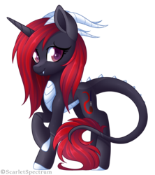 Size: 2364x2664 | Tagged: safe, artist:scarlet-spectrum, oc, oc only, oc:scarlet spectrum, dracony, hybrid, pony, unicorn, female, high res, looking at you, mare, simple background, slender, solo, thin, transparent background