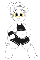 Size: 1280x1935 | Tagged: safe, artist:pabbley, sapphire shores, earth pony, pony, g4, 30 minute art challenge, belly button, bipedal, bra on pony, clothes, female, midriff, partial color, solo, sports bra, sports shorts, sweatband