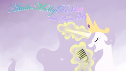 Size: 1600x900 | Tagged: safe, artist:mofetafrombrooklyn, princess celestia, pony, princess molestia, g4, banner, female, magic, microphone, solo