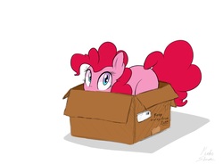 Size: 1157x852 | Tagged: safe, artist:pinkiesheen, pinkie pie, earth pony, pony, g4, behaving like a cat, box, cute, diapinkes, female, looking at you, mare, missing cutie mark, ponk, pony in a box, solo