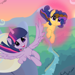 Size: 1024x1020 | Tagged: safe, artist:fragrance-mlpng, twilight sparkle, oc, oc:magical smile, alicorn, pony, g4, base used, female, flying, magic, mother and daughter, offspring, parent:cheese sandwich, parent:twilight sparkle, parents:twicheese, twilight sparkle (alicorn)