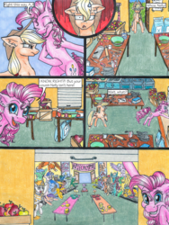 Size: 3000x4000 | Tagged: safe, artist:tillie-tmb, applejack, pinkie pie, oc, pony, comic:the amulet of shades, g4, apple, bowl, comic, flour, food, high res, mixer, mixing bowl, rolling pin, traditional art