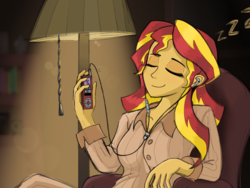 Size: 2048x1536 | Tagged: safe, artist:qzygugu, sunset shimmer, equestria girls, g4, chair, clothes, earbuds, eyes closed, female, ipod, lamp, light, mp3 player, music, music player, sitting, sleeping, solo, zzz