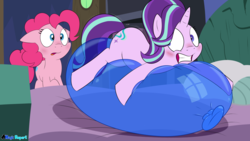 Size: 2560x1440 | Tagged: safe, artist:rupert, pinkie pie, starlight glimmer, earth pony, pony, unicorn, series:30 dayz of pinks, g4, balloon, balloon fetish, balloon riding, bed, blushing, caught, duo, embarrassed, female, fetish, floppy ears, gritted teeth, looking at butt, looking back, mare, party balloon, pillow, starlooner glimmer, story in the comments, story included, that pony sure does love balloons
