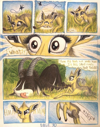 Size: 1076x1368 | Tagged: safe, artist:thefriendlyelephant, oc, oc only, oc:kekere, oc:sabe, antelope, butterfly, dik dik, giant sable antelope, comic:sable story, africa, animal in mlp form, bush, cloven hooves, comic, cross-eyed, cute, fluffy, grass, horns, rock, savanna, size difference, speed lines, tongue out, traditional art, unconscious