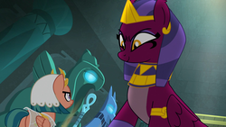 Size: 1920x1080 | Tagged: safe, screencap, somnambula, the sphinx, pegasus, pony, sphinx, daring done?, g4, butt, evil smile, female, grin, mare, plot, smiling, technically an upskirt shot