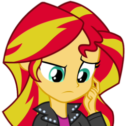 Size: 348x344 | Tagged: safe, artist:fella, sunset shimmer, equestria girls, g4, clothes, female, jacket, leather jacket, looking down, simple background, solo, thinking, transparent background