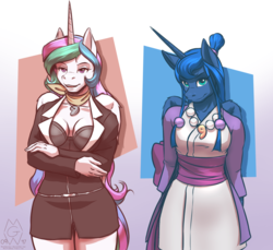 Size: 1476x1350 | Tagged: safe, artist:mykegreywolf, princess celestia, princess luna, alicorn, anthro, g4, ace attorney, alternate hairstyle, ascot, breasts, cleavage, clothes, crossed arms, crossover, duo, female, mare, maya fey, mia fey, reasonably sized breasts, royal sisters, simple background, sisters, smiling
