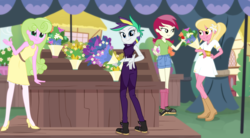 Size: 2000x1100 | Tagged: safe, artist:darthlena, daisy, flower wishes, lily, lily valley, rarity, roseluck, equestria girls, g4, it isn't the mane thing about you, alternate hairstyle, boots, clothes, denim shorts, dress, equestria girls interpretation, equestria girls-ified, flower trio, high heels, midriff, pants, ponytail, punk, raripunk, scene interpretation, shoes, shorts, socks