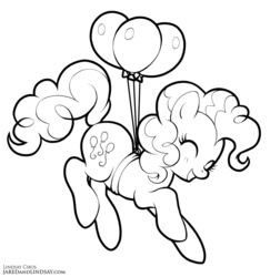 Size: 778x800 | Tagged: safe, artist:lindsay cibos, pinkie pie, pony, g4, balloon, eyes closed, female, floating, happy, monochrome, solo, then watch her balloons lift her up to the sky