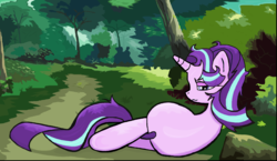 Size: 1776x1028 | Tagged: safe, artist:sallycars, starlight glimmer, pony, unicorn, g4, female, forest, lying down, messy mane, on side, solo