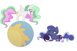 Size: 1500x1000 | Tagged: safe, artist:candasaurus, princess celestia, princess luna, alicorn, pony, g4, balancing, ball, chibi, duo, female, mare, missing accessory, open mouth, royal sisters, simple background, sisters, smiling, transparent background