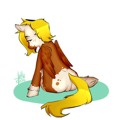 Size: 2130x2075 | Tagged: safe, artist:lollydoom, oc, oc only, oc:khaos sparkz, pegasus, pony, blonde, blonde hair, blue eyes, coat markings, high res, looking at you, looking back, looking back at you, pinto, sitting