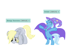 Size: 580x396 | Tagged: safe, edit, derpy hooves, trixie, pegasus, pony, unicorn, derpibooru, g4, bipedal, female, mare, meta, pure unfiltered evil, sad, simple background, tags, white background
