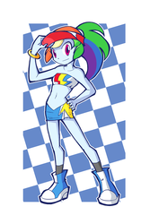 Size: 800x1200 | Tagged: safe, artist:rvceric, rainbow dash, equestria girls, g4, adorasexy, bandeau, belly button, boots, breasts, clothes, cute, dashabetes, delicious flat chest, female, hand on hip, hat, high heel boots, looking at you, miniskirt, multicolored hair, ponytail, race queen, rainbow flat, sexy, shoes, skirt, smiling, solo, tube top, visor