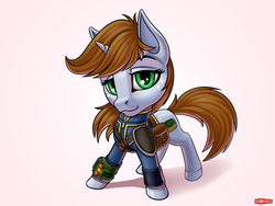 Size: 1440x1080 | Tagged: safe, artist:wwredgrave, oc, oc only, oc:littlepip, pony, unicorn, fallout equestria, chibi, clothes, cutie mark, fanfic, fanfic art, female, hooves, horn, jumpsuit, looking at you, mare, pink background, pipbuck, saddle bag, simple background, smiling, solo, vault suit