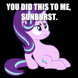 Size: 1024x1024 | Tagged: safe, starlight glimmer, sunburst, pony, unicorn, g4, belly button, female, image macro, implied starburst, mare, meme, pregnant, starlight glimmer is not amused, unamused, you did this to me