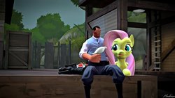 Size: 1191x670 | Tagged: safe, fluttershy, bird, human, pony, g4, 3d, archimedes, crossover, gmod, medic, medic (tf2), team fortress 2