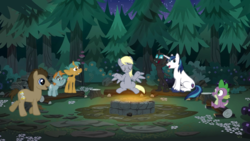 Size: 769x433 | Tagged: safe, artist:kingbilly97, derpy hooves, doctor whooves, shining armor, snails, snips, spike, time turner, changeling, dragon, campfire tales, g4, alternate universe, campfire, forest