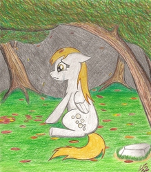 Size: 1627x1860 | Tagged: safe, artist:lennystendhal13, derpy hooves, g4, autumn, crying, female, forest, leaves, solo, traditional art, tree