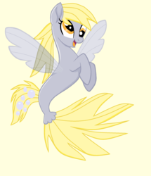 Size: 1760x2048 | Tagged: safe, artist:jksparklez4ever, derpy hooves, pegasus, pony, seapony (g4), g4, my little pony: the movie, base used, clothes, dorsal fin, female, fin wings, fins, fish tail, flowing tail, mare, open mouth, seaponified, seapony derpy, see-through, simple background, smiling, solo, species swap, tail, wings, yellow background, yellow eyes, yellow mane