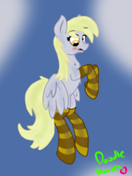 Size: 540x720 | Tagged: safe, artist:doodle-hooves, derpy hooves, pegasus, pony, g4, blushing, clothes, female, flying, gradient background, mare, socks, solo, striped socks