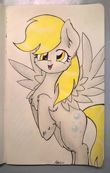 Size: 1024x1607 | Tagged: safe, artist:mimicproductions, derpy hooves, pegasus, pony, g4, chest fluff, ear fluff, female, fluffy, rearing, smiling, solo, traditional art