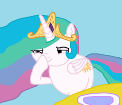 Size: 798x691 | Tagged: safe, artist:watermelon changeling, derpibooru exclusive, princess celestia, alicorn, pony, g4, 1000 hours in ms paint, blue background, boop, female, glimmerposting, lidded eyes, mare, ms paint, plate, raised eyebrow, self-boop, simple background, smiling, smirk, solo