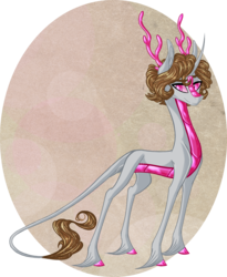 Size: 1969x2400 | Tagged: safe, artist:australian-senior, oc, oc only, oc:apollo invictus, alicorn, dracony, hybrid, kirin, pony, unicorn, kirindos, alternate universe, antlers, colored hooves, crossover, curved horn, fact core, horn, leonine tail, pink eyes, portal, portal (valve), portal 2, simple background, solo, unshorn fetlocks