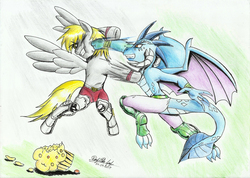 Size: 2332x1659 | Tagged: safe, artist:3500joel, derpy hooves, princess ember, oc, oc only, dragon, pegasus, pony, g4, triple threat, duo, fight, food, muffin, pegasus oc, saint seiya, traditional art