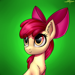 Size: 3000x3000 | Tagged: safe, artist:setharu, apple bloom, earth pony, pony, g4, adorabloom, bow, bust, chest fluff, cute, ear fluff, eye reflection, female, filly, hair bow, high res, looking up, reflection, signature, smiling, solo