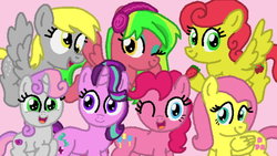 Size: 1024x576 | Tagged: safe, artist:thefandomizer316, derpy hooves, fluttershy, lemon zest, pinkie pie, starlight glimmer, strawberry sunrise, sweetie belle, g4