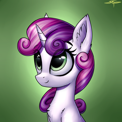 Size: 3000x3000 | Tagged: safe, artist:setharu, sweetie belle, pony, unicorn, g4, bust, chest fluff, cute, diasweetes, ear fluff, female, filly, high res, looking up, portrait, signature, smiling, solo